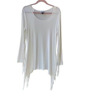Tasha Polizzi Long Sleeve Off-White Fringe Darcie Jersey Tunic Top. Size S